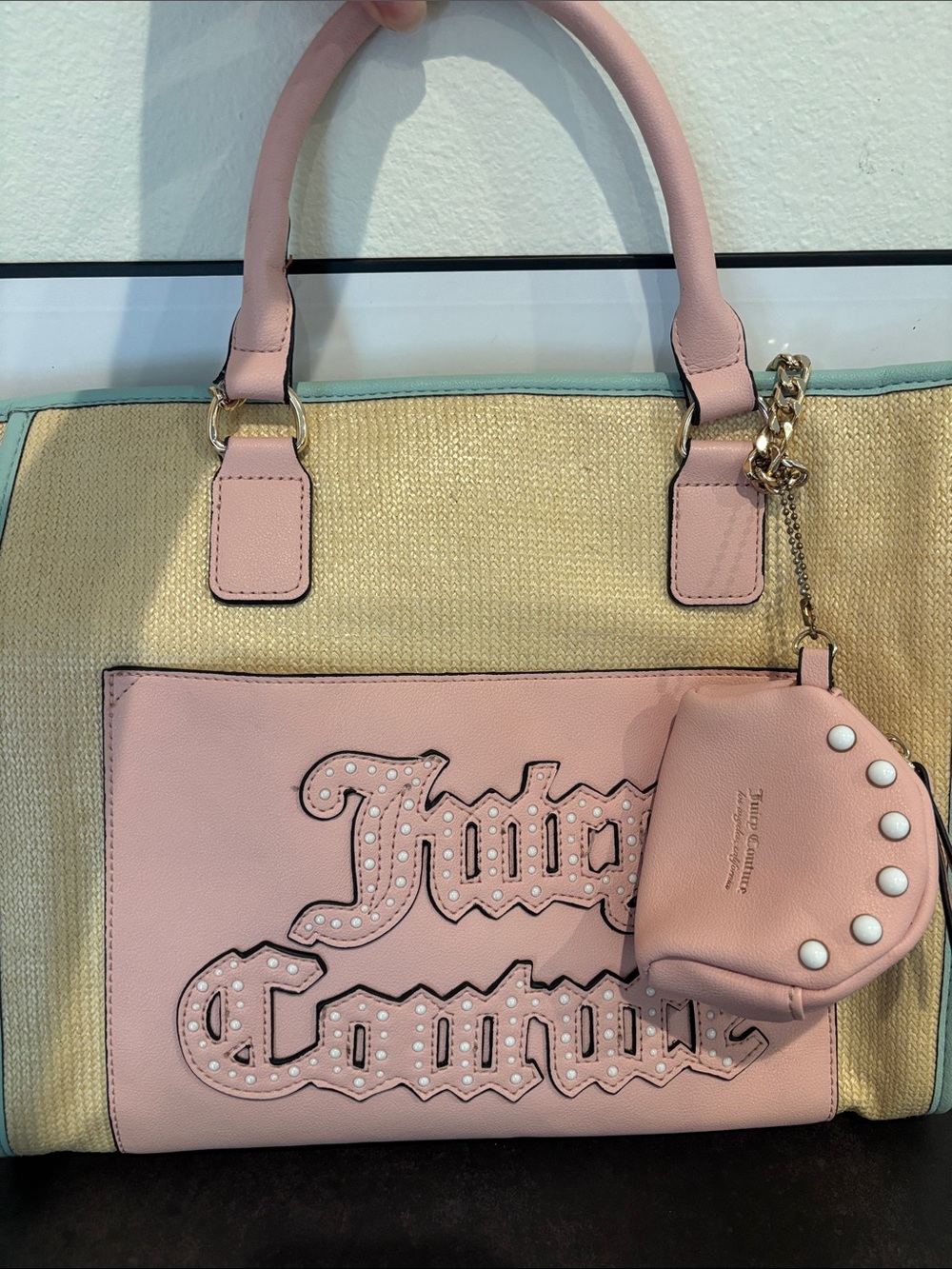 Juicy Couture Pink and Natural Straw Tote with Logo Panel